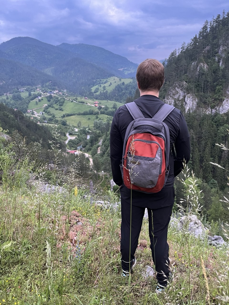 Looking across a green mountain valley